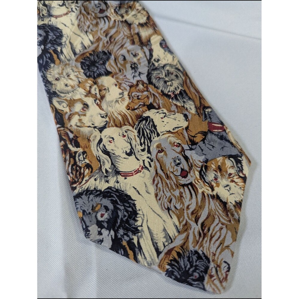 Museum Artifacts - Novelty Dog Print Silk Tie in Cream and Brown Tones